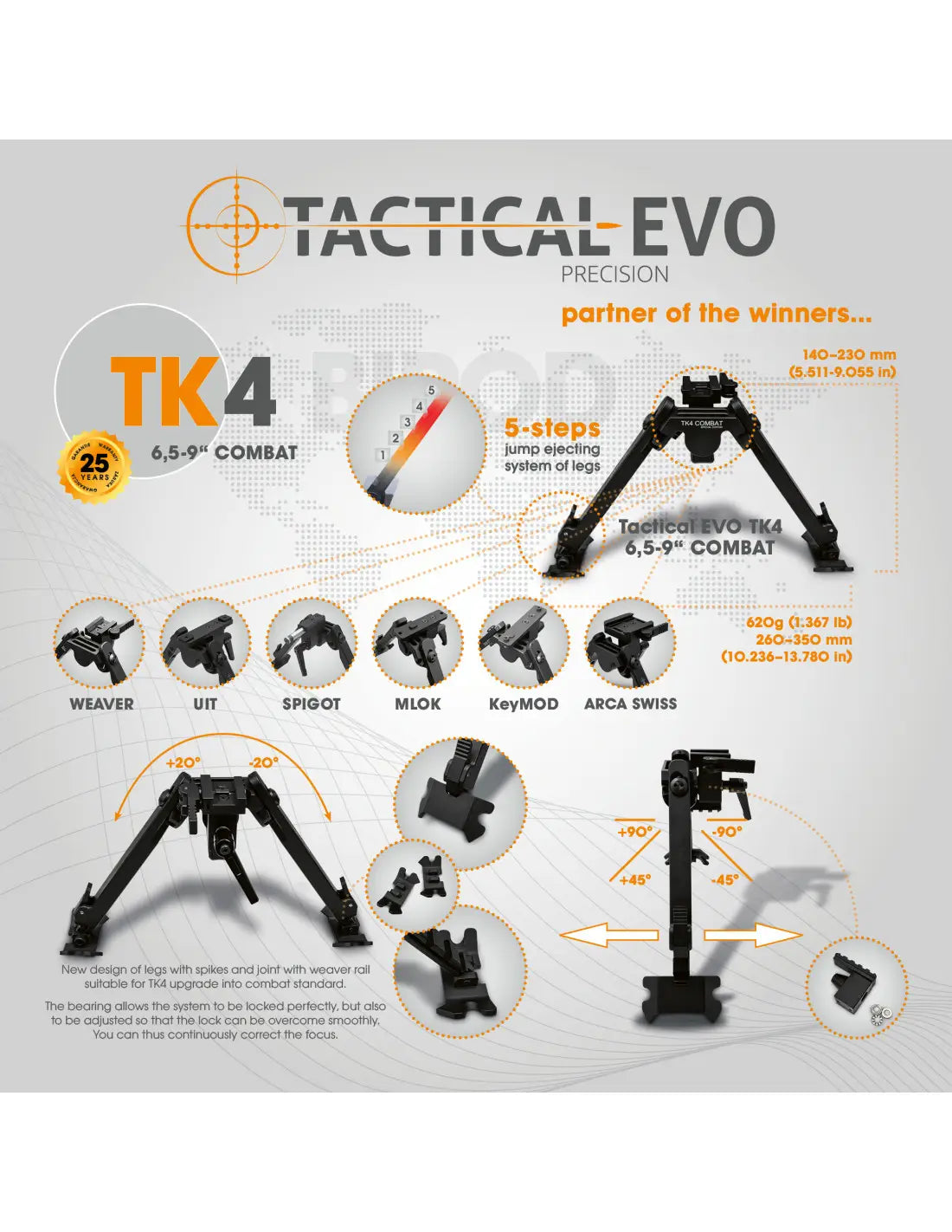 Tactical dvikojis Combat TK4 6,5-9"